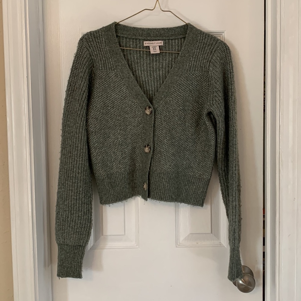 Fuzzy Sincerely Jules Button-Down Sweater, XS, Green